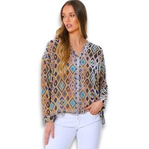Johnny Was Ikat Multicolor Silk-Blend Blouse